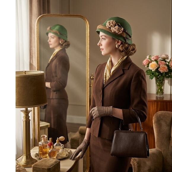 Vintage 40s 50s Forest Green Woven Cloche Bucket Hat Brown Ribbon Floral Trim main image 4
